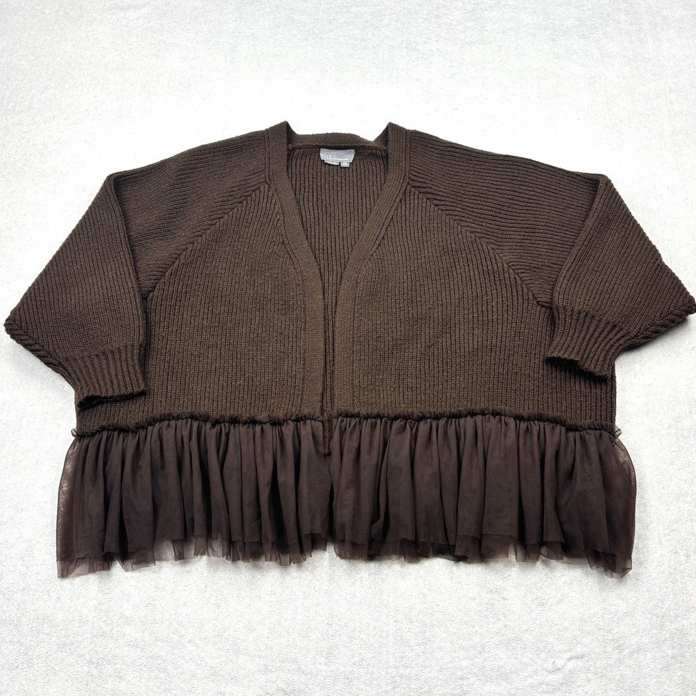 Anthropologie Cardigan Womens One Size Brown Chunky Ribbed Tulle Hem Open Front